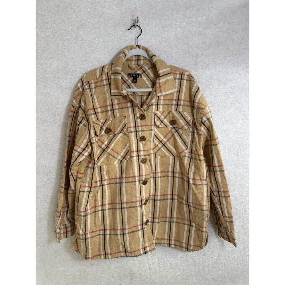 Taxi Women's Plaid Flannel Long Sleeve Button Shirt Size L Beige Thick plaid